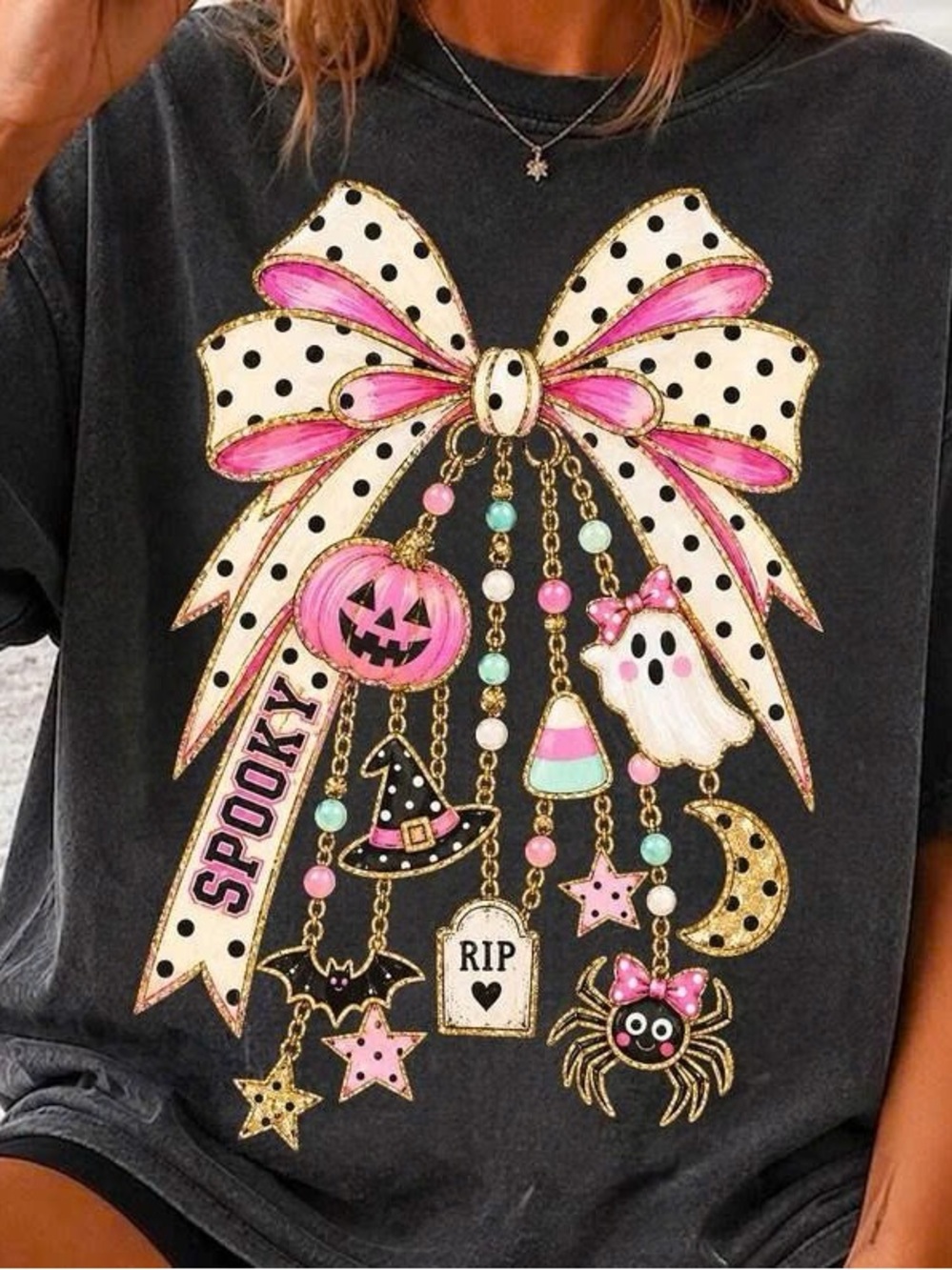 Gildan Black Short Sleeve Tee with Pink & Gold Halloween Bow Graphic
